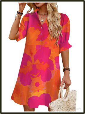 Women's Summer Shift Dress Ruffle Short Sleeve V Neck Button Down Mini Pockets